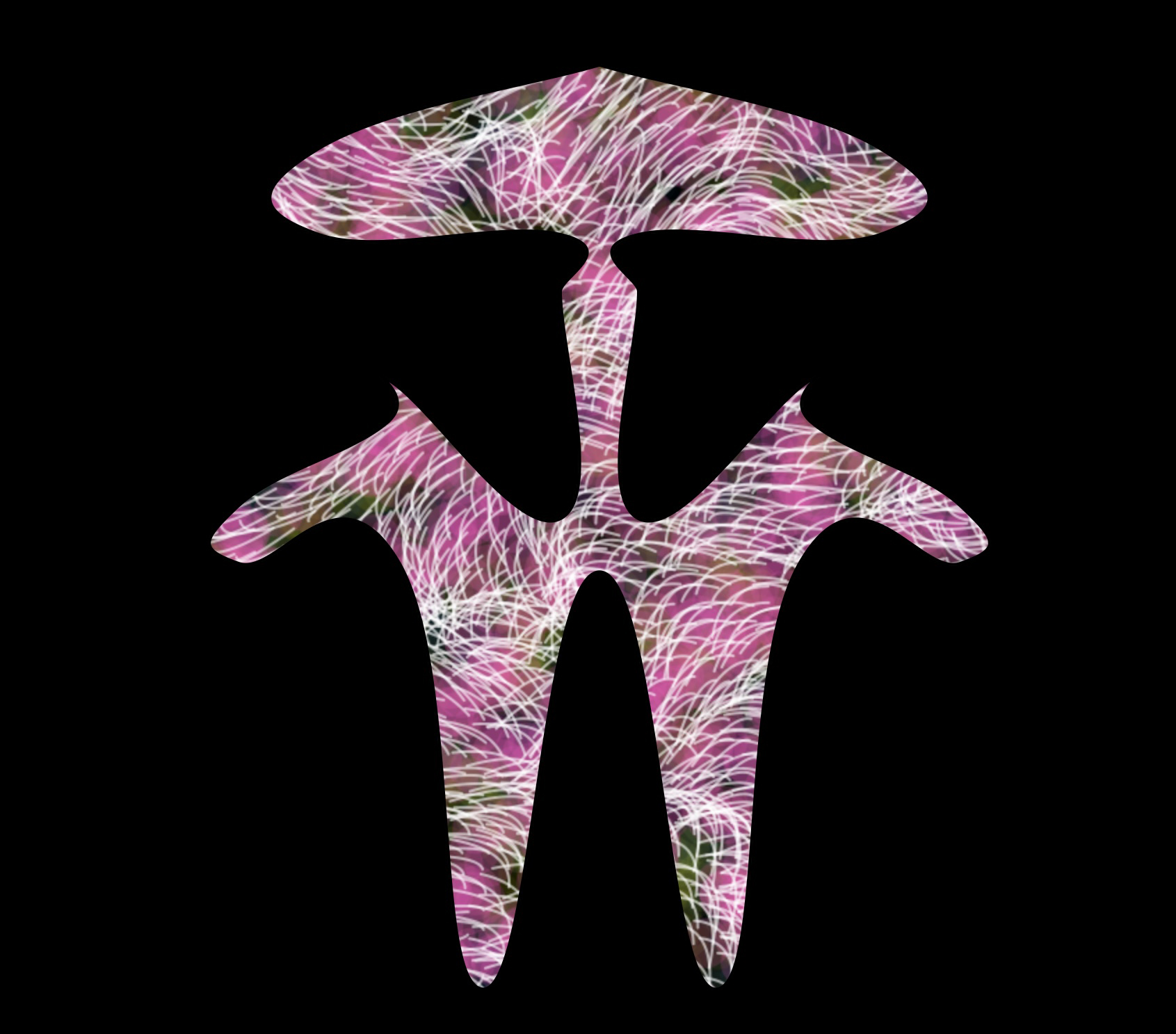 Energy Body—Filament Surge (rose), 2025. Screen capture from live system; custom software (p5.js with ml5/PoseNet), generative visualization; variable dimensions. A participant’s gesture stream renders as fine, filament-like paths within the abstracted body silhouette, revealing micro-shifts in tempo and flow.