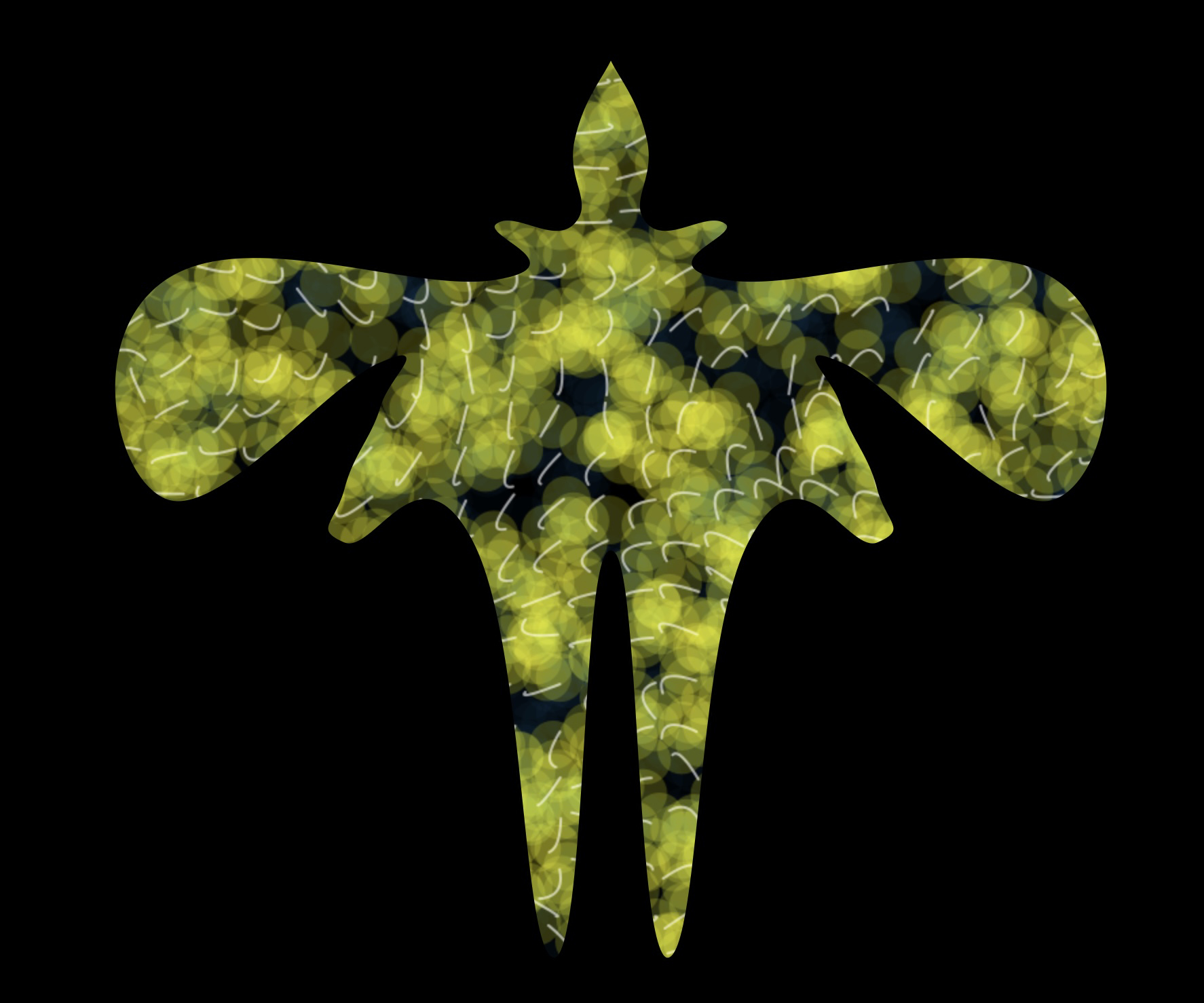 Energy Body—Swarm Bloom (yellow), 2025. Screen capture from live system; custom software (p5.js with ml5/PoseNet), generative visualization; variable dimensions. Luminous yellow orbs gather and disperse with wide arm-span, reading as buoyant, playful motion.