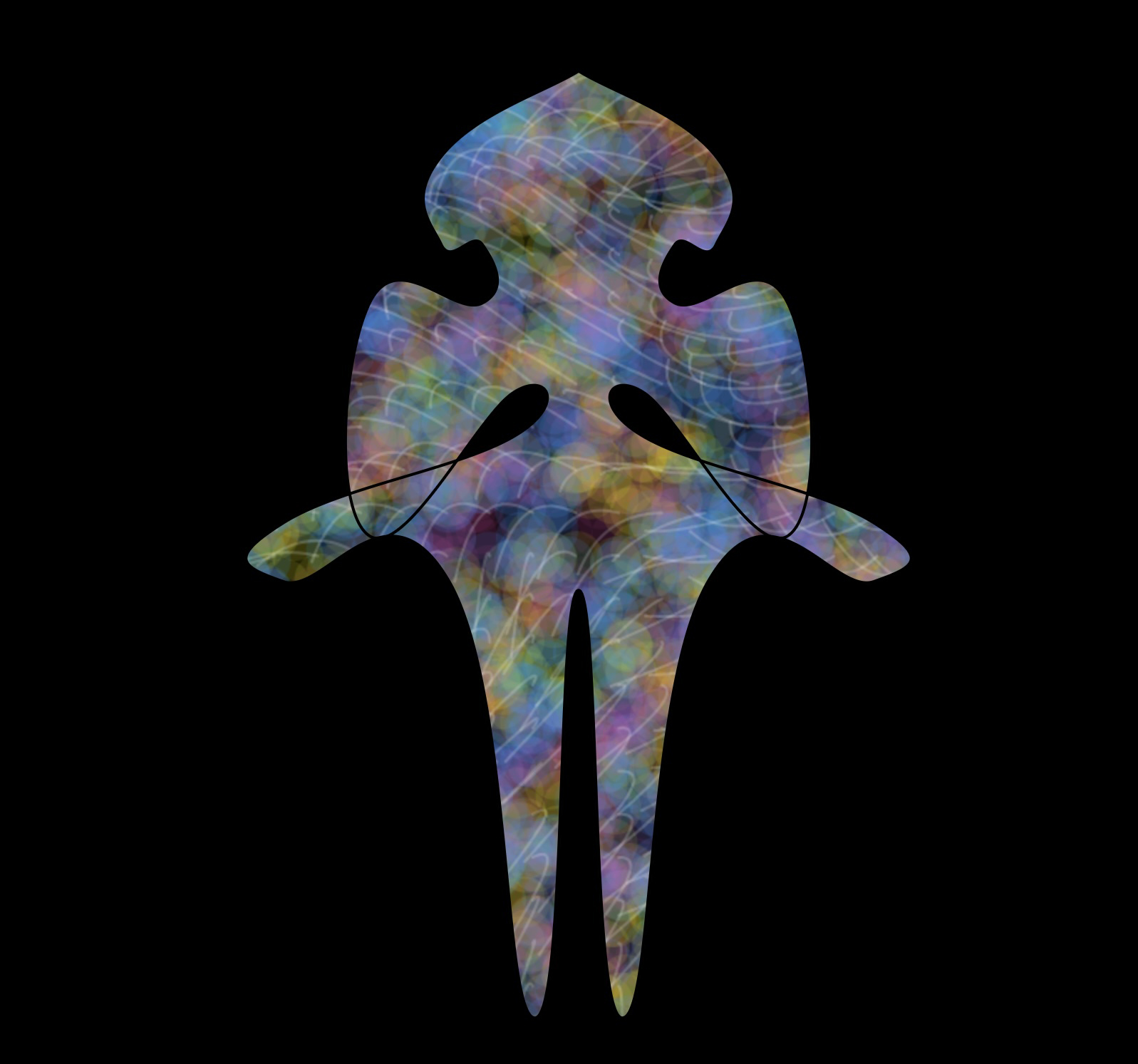 Energy Body—Ribbon Breath (multicolor), 2025. Screen capture from live system; custom software (p5.js with ml5/PoseNet), generative visualization; variable dimensions. Long, soft arcs layer like slow exhalations; steady tempo and even flow imply regulation.