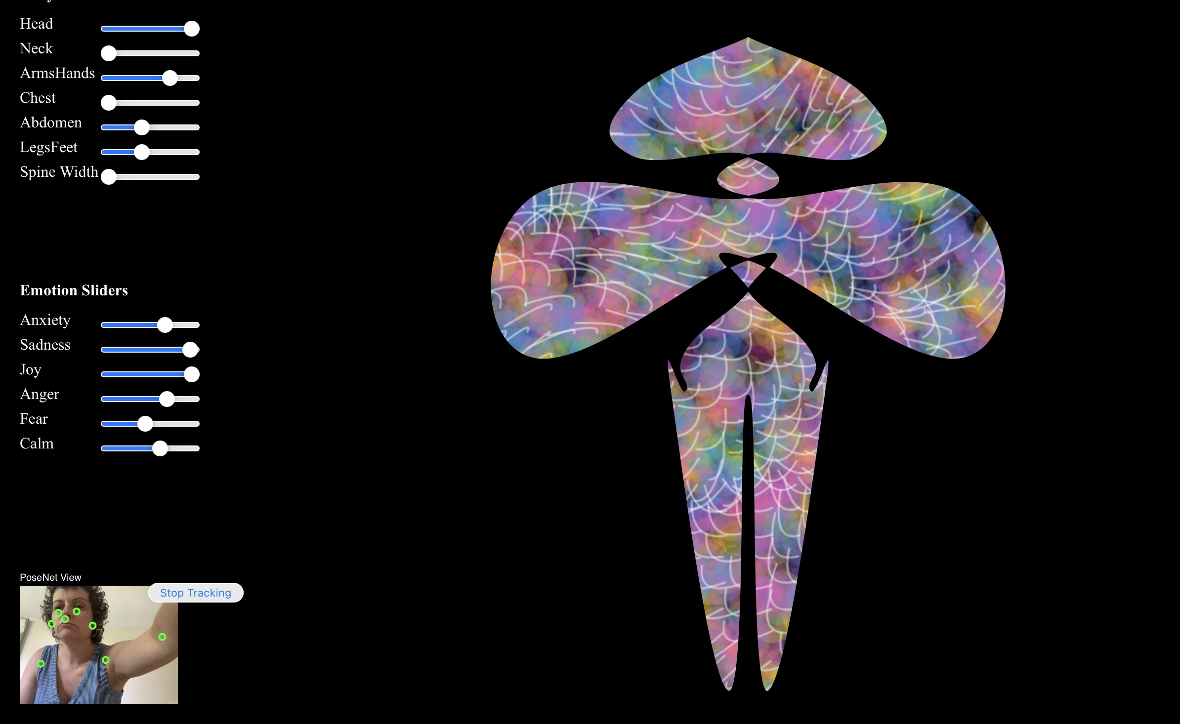 Energy Bodies—Interface View (prototype), 2025. Live interface with region and emotion sliders; custom software (p5.js with ml5/PoseNet); variable dimensions. Development view of the live system showing adjustable body-region sliders and emotion inputs.