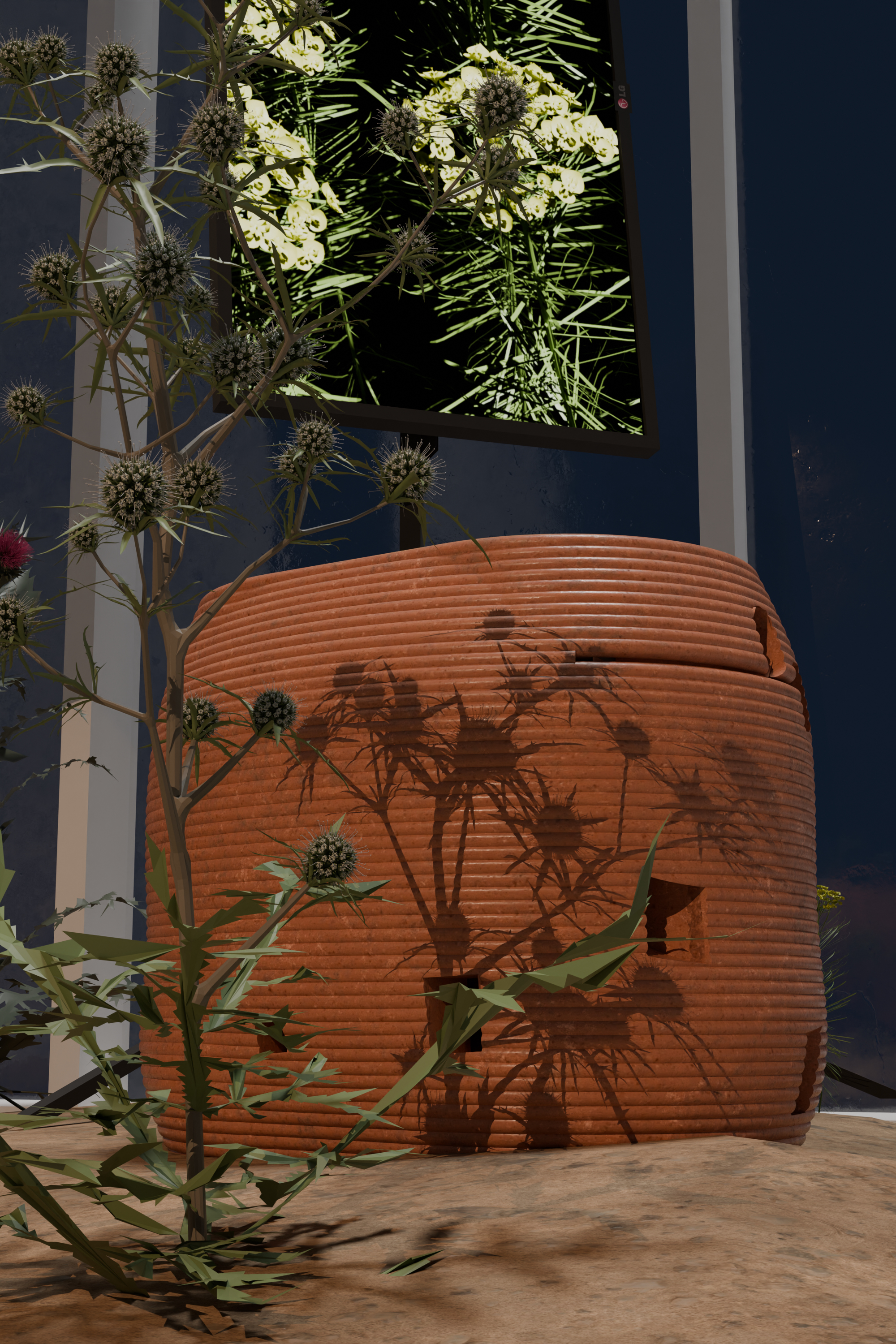 Render of zeer pot computer with digital eryngium plant in foreground.